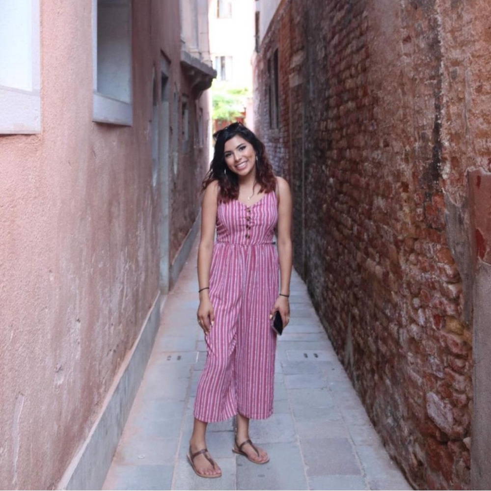 brick colored and white striped jumpsuit